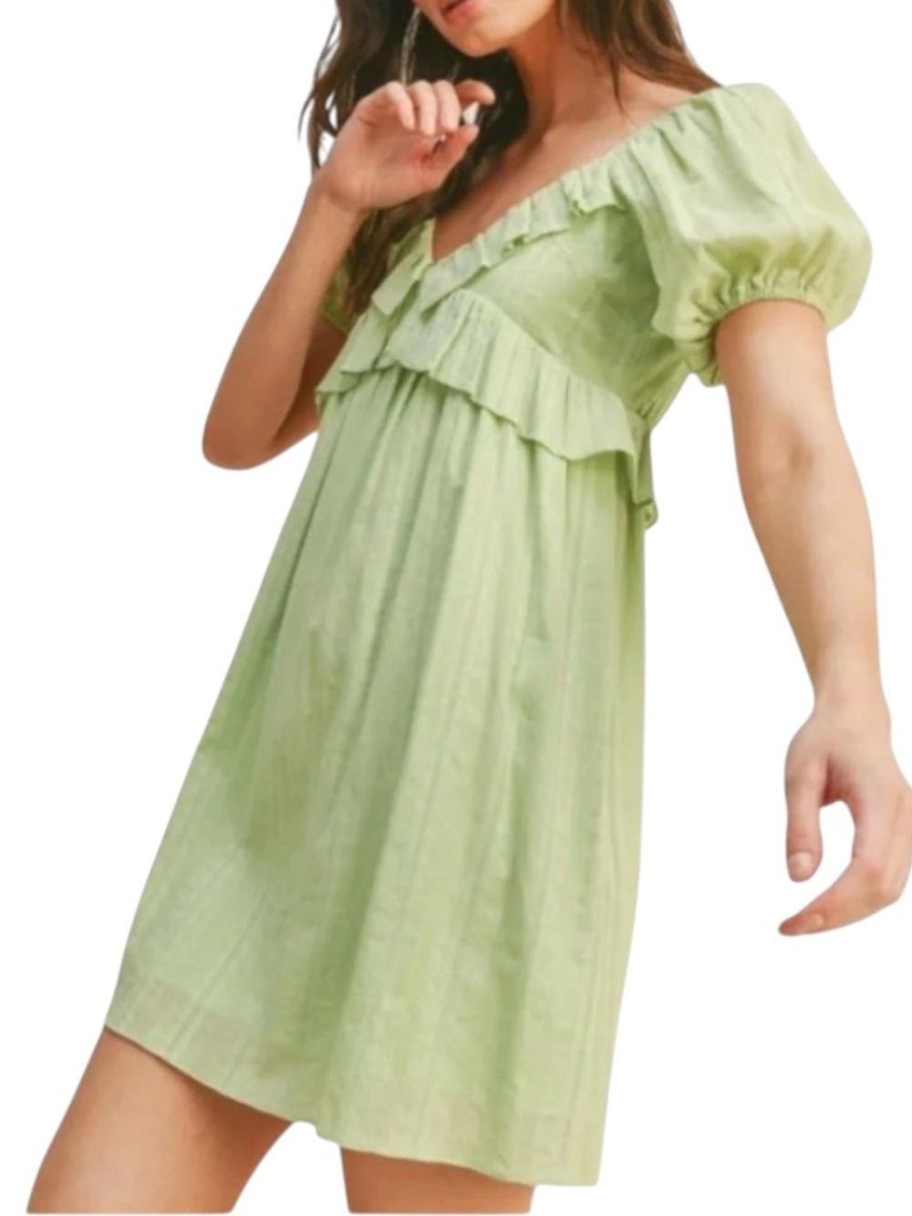 Lush Tea Green Ruffle Mini Dress Puff Sleeve V-Neck Size S Feminine Chic